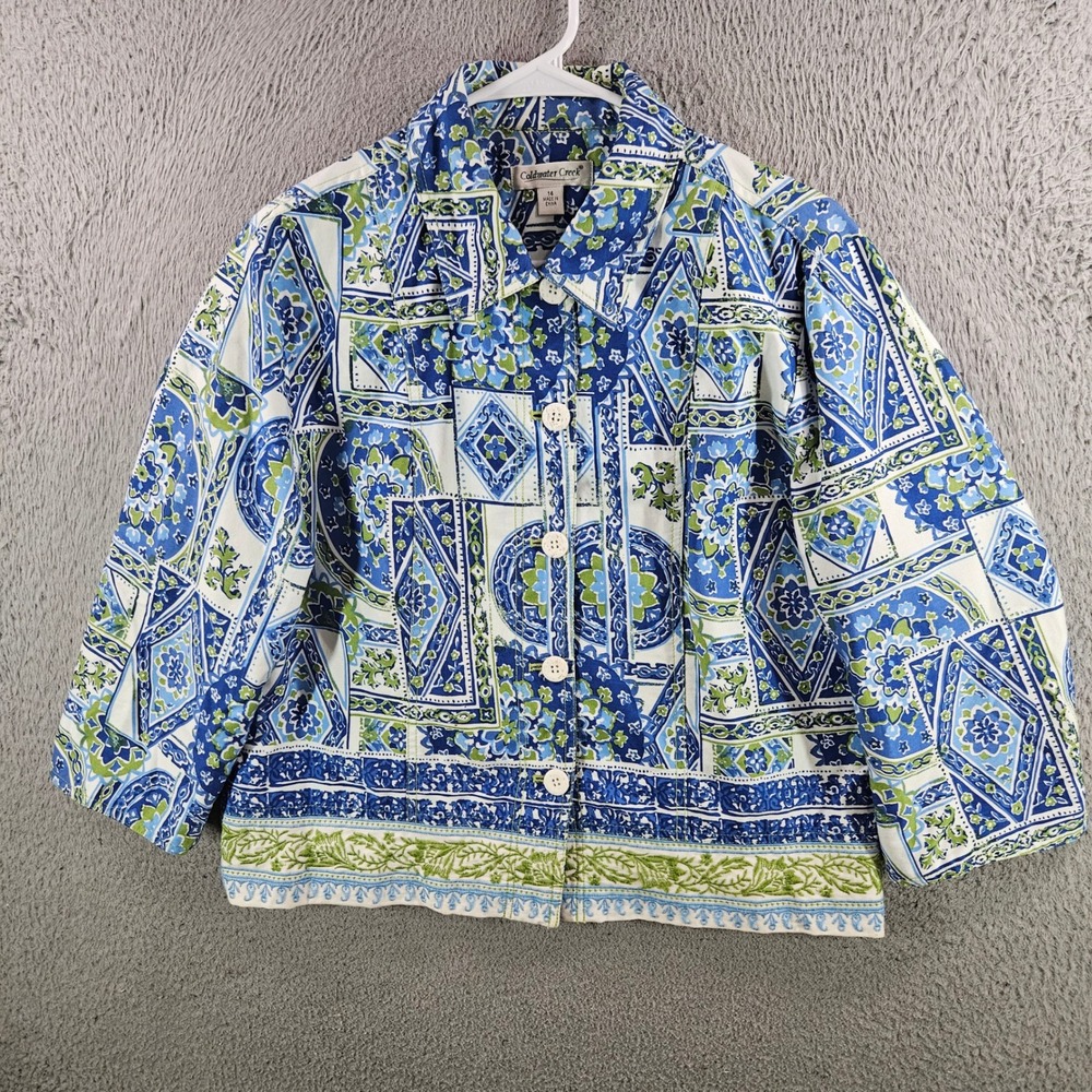 Coldwater Creek Blue Green Geometric Floral Tile Print Cotton Jacket Size 14